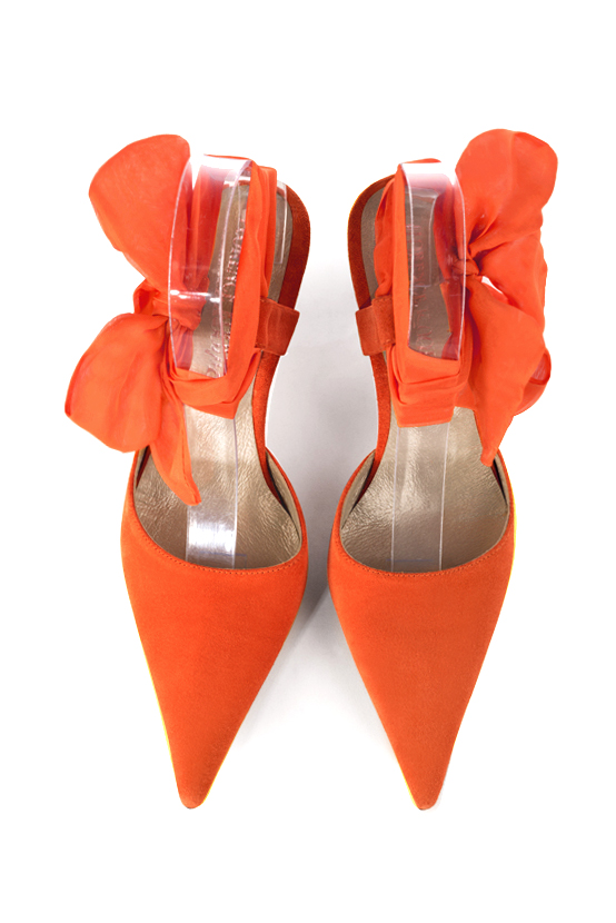 Clementine orange women's open back shoes, with an ankle scarf. Pointed toe. High slim heel. Top view - Florence KOOIJMAN